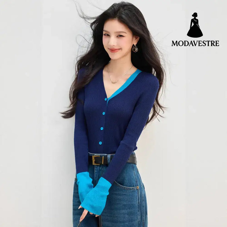 Patchwork V-neck Knit Cardigan for Women Early Autumn Blue Faux Two-piece TopOuterwear