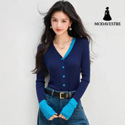 Patchwork V-neck Knit Cardigan for Women Early Autumn Blue Faux Two-piece TopOuterwear Navy Blue / S