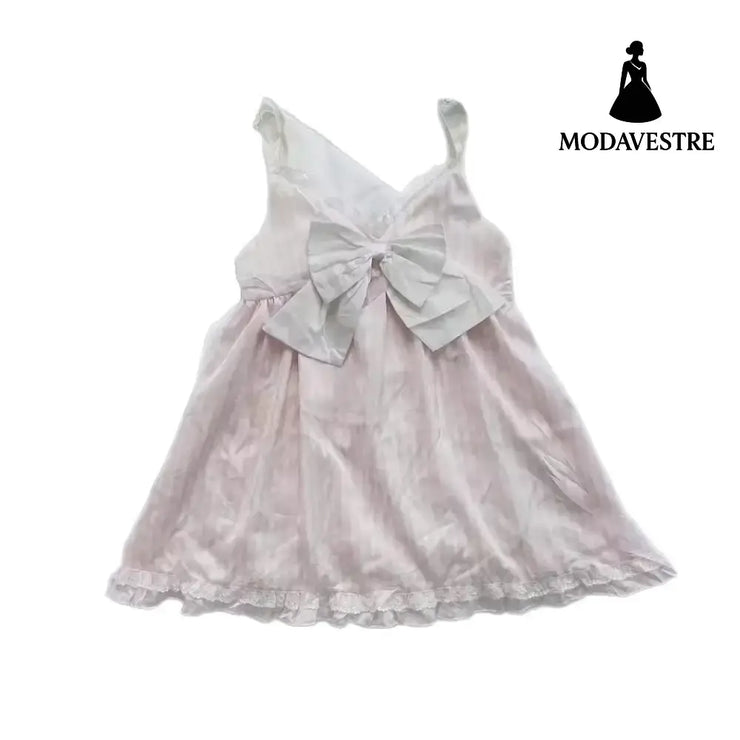 Pink Lace Striped Bow Top – Cute Ribbon Camisole for Women