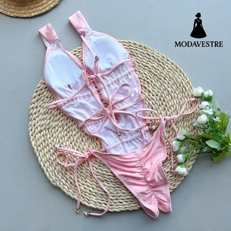 Pink One-Piece Swimsuit – Ruched Cutout Women’s Swimwear