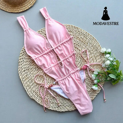 Pink One-Piece Swimsuit – Ruched Cutout Women’s Swimwear C4166 Pink Print / S