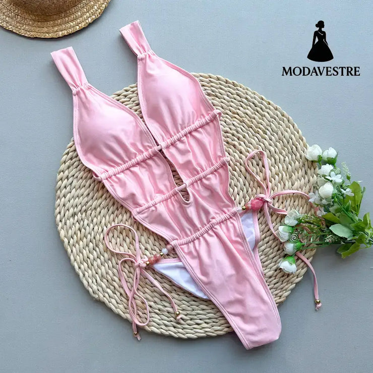 Pink One-Piece Swimsuit – Ruched Cutout Women’s Swimwear C4166 Pink Print / S