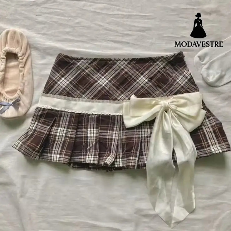 Plaid Bow High-Waist Mini Skirt – Cute Pleated Schoolgirl Style Brown / S