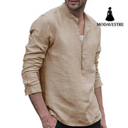 Plaid Collar Tops Turn Down Men Shirts Clothing Khaki / L