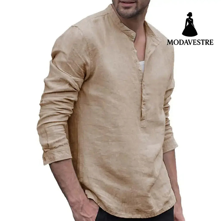 Plaid Collar Tops Turn Down Men Shirts Clothing Khaki / L