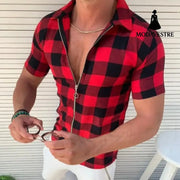 Plaid T Shirt Mens Zipper Short Sleeve Shirts Summer Men Clothing T-shirt