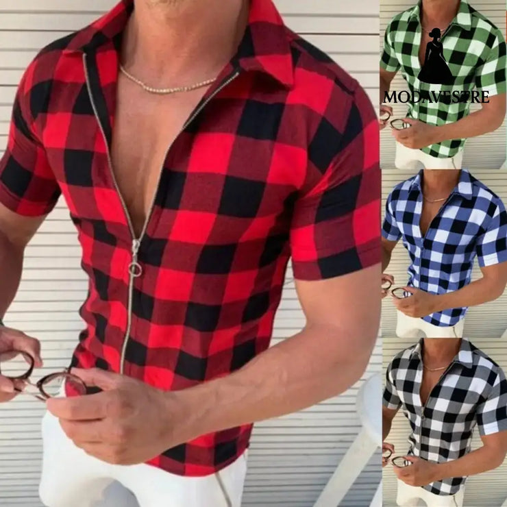 Plaid T Shirt Mens Zipper Short Sleeve Shirts Summer Men Clothing T-shirt