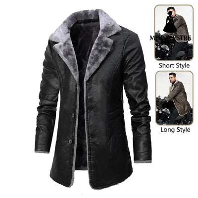 Plush Lapel Leather Jacket Winter Warm Fleece Single-breasted Coat For Men Long Clothing Coat