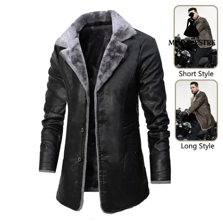 Plush Lapel Leather Jacket Winter Warm Fleece Single-breasted Coat For Men Long Clothing Coat