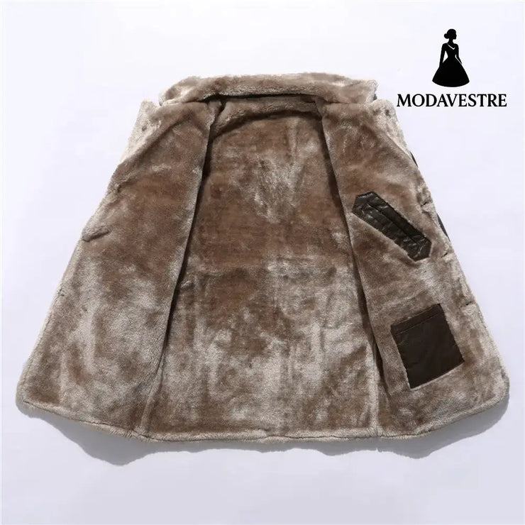 Plush Lapel Leather Jacket Winter Warm Fleece Single-breasted Coat For Men Long Clothing Coat