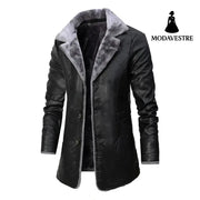 Plush Lapel Leather Jacket Winter Warm Fleece Single-breasted Coat For Men Long Clothing Black / 2XL Coat