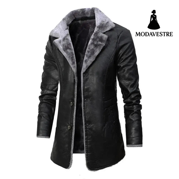 Plush Lapel Leather Jacket Winter Warm Fleece Single-breasted Coat For Men Long Clothing Black / 2XL Coat