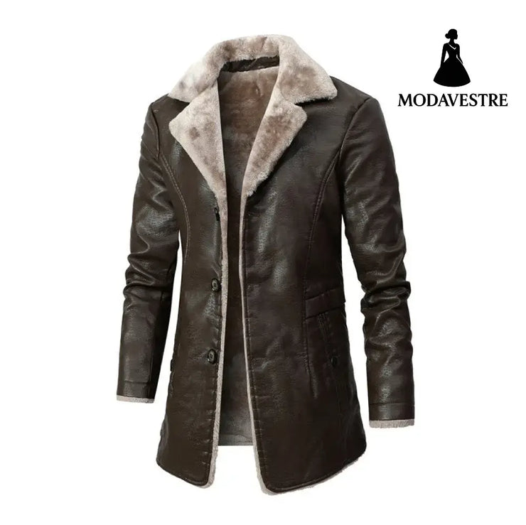 Plush Lapel Leather Jacket Winter Warm Fleece Single-breasted Coat For Men Long Clothing Brown / 2XL Coat