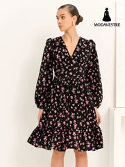 Printed Crimp V-neck Long Dress Women Black / L Women’s Clothing