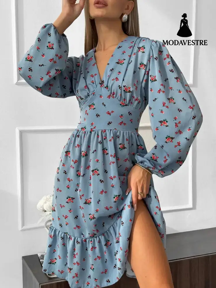 Printed Crimp V-neck Long Dress Women Blue / L Women’s Clothing