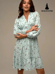 Printed Crimp V-neck Long Dress Women Green / L Women’s Clothing