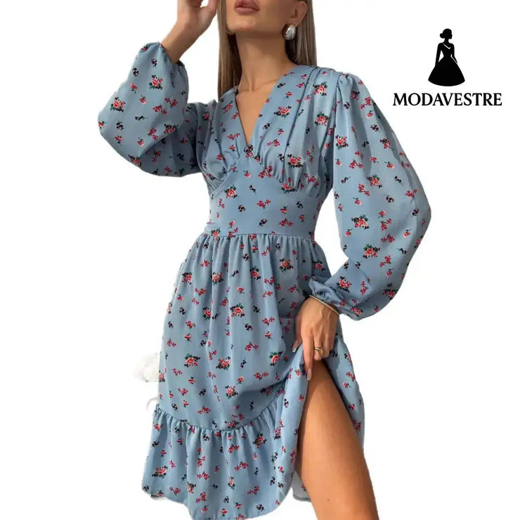 Printed Crimp V-neck Long Dress Women Women’s Clothing