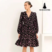 Printed Crimp V-neck Long Dress Women Women’s Clothing