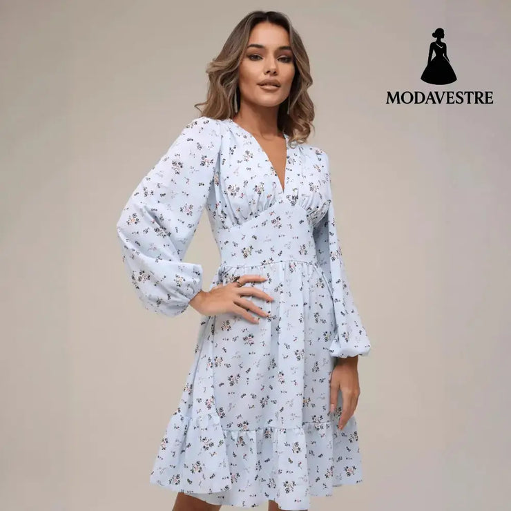 Printed Crimp V-neck Long Dress Women Women’s Clothing