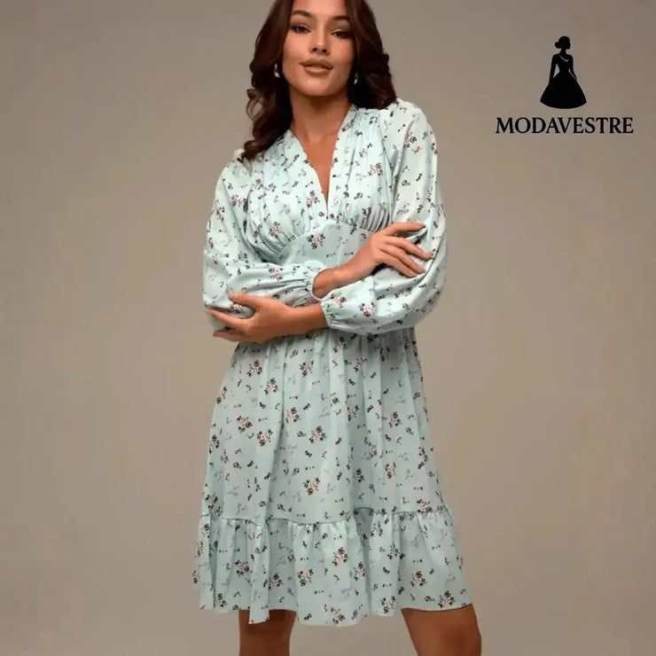 Printed Crimp V-neck Long Dress Women Women’s Clothing