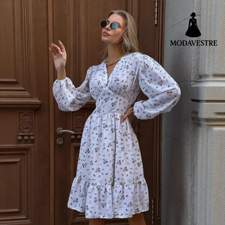 Printed Crimp V-neck Long Dress Women Women’s Clothing