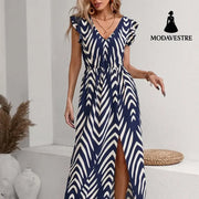 Printed Front Slit Waist V-neck Women’s Elegant Dress Women’s Clothing