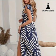 Printed Front Slit Waist V-neck Women’s Elegant Dress Women’s Clothing