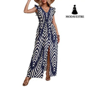 Printed Front Slit Waist V-neck Women’s Elegant Dress Women’s Clothing