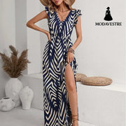 Printed Front Slit Waist V-neck Women’s Elegant Dress Women’s Clothing