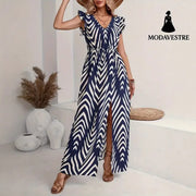 Printed Front Slit Waist V-neck Women’s Elegant Dress Navy Blue / L Women’s Clothing