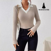 Pullover Knitting Long-sleeved Top Large V Lapel Apricot / L Knitted Products