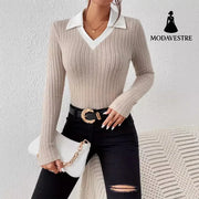 Pullover Knitting Long-sleeved Top Large V Lapel Knitted Products