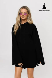Pure Color Split Dress Baggy Fashion Top Black / L Knitted Products