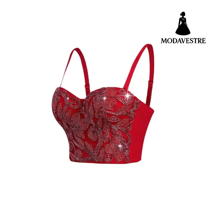 Red Sequin Embroidered Corset Top – Elegant Shimmer Lace Camisole with Support