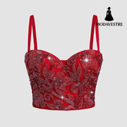 Red Sequin Embroidered Corset Top – Elegant Shimmer Lace Camisole with Support Red / 34B