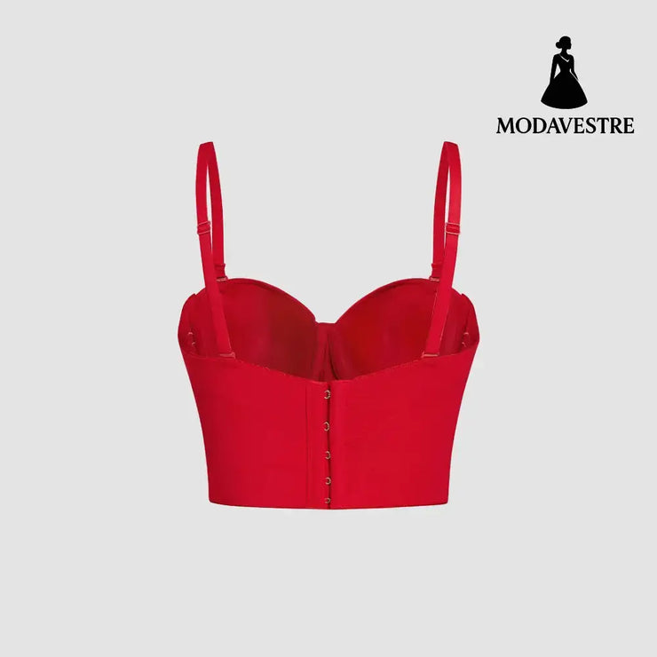 Red Sequin Embroidered Corset Top – Elegant Shimmer Lace Camisole with Support