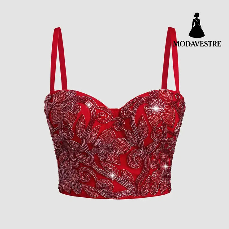 Red Sequin Embroidered Corset Top – Elegant Shimmer Lace Camisole with Support