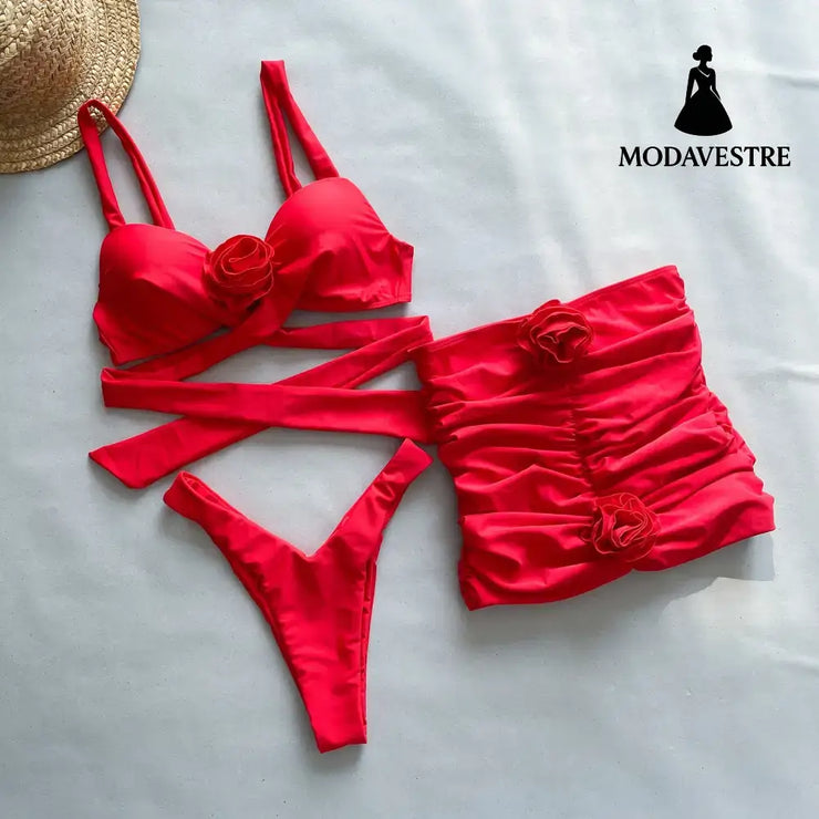 Red Three-Piece Bikini Set – Floral Ruched Swimwear with Skirt