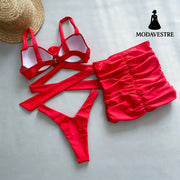 Red Three-Piece Bikini Set – Floral Ruched Swimwear with Skirt
