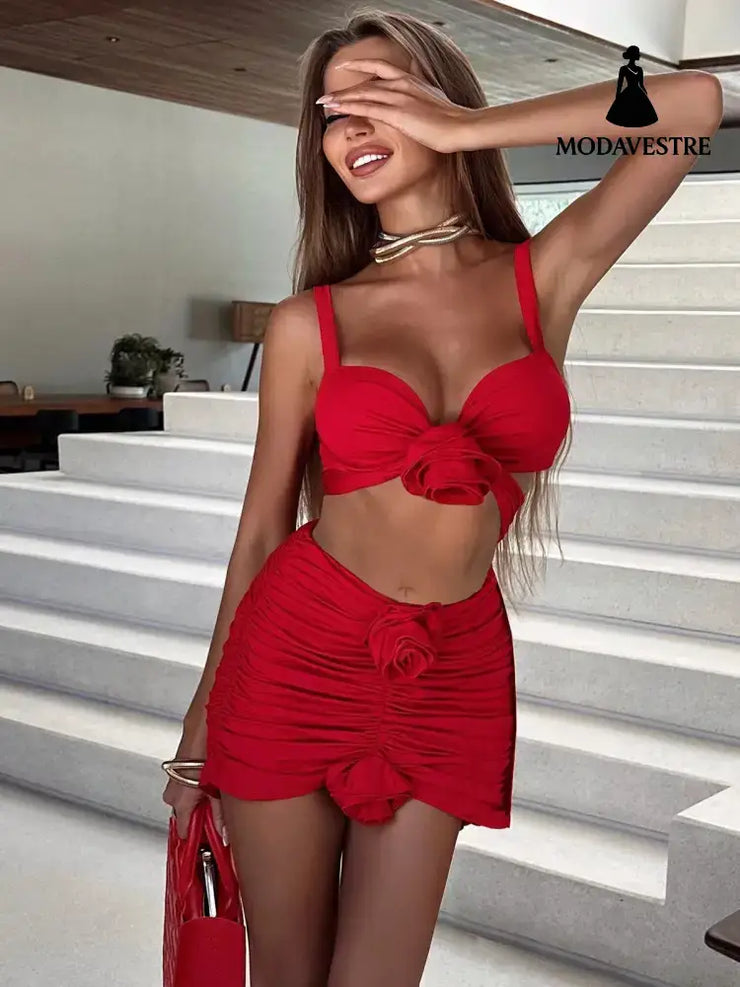 Red Three-Piece Bikini Set – Floral Ruched Swimwear with Skirt C3434-Red (Customizable if Needed) / S