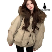 Retro Big Fur Collar Hooded Cotton Jacket Women’s Coat Jacket
