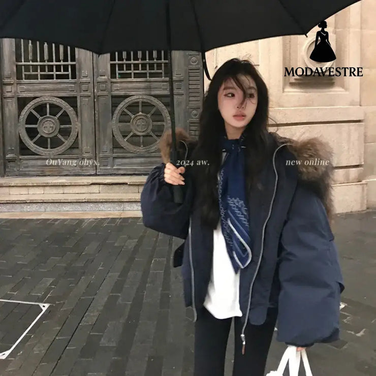 Retro Big Fur Collar Hooded Cotton Jacket Women’s Coat Jacket