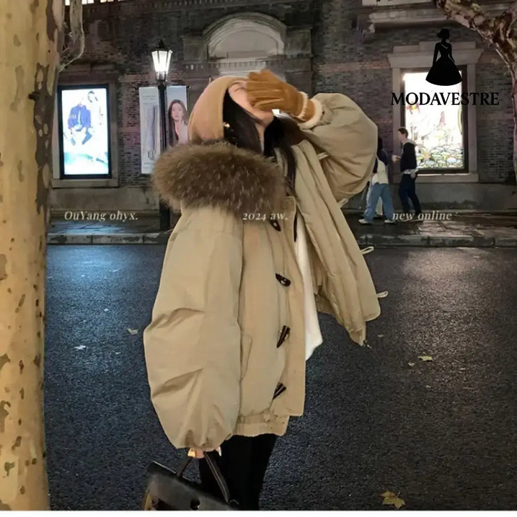 Retro Big Fur Collar Hooded Cotton Jacket Women’s Coat Jacket