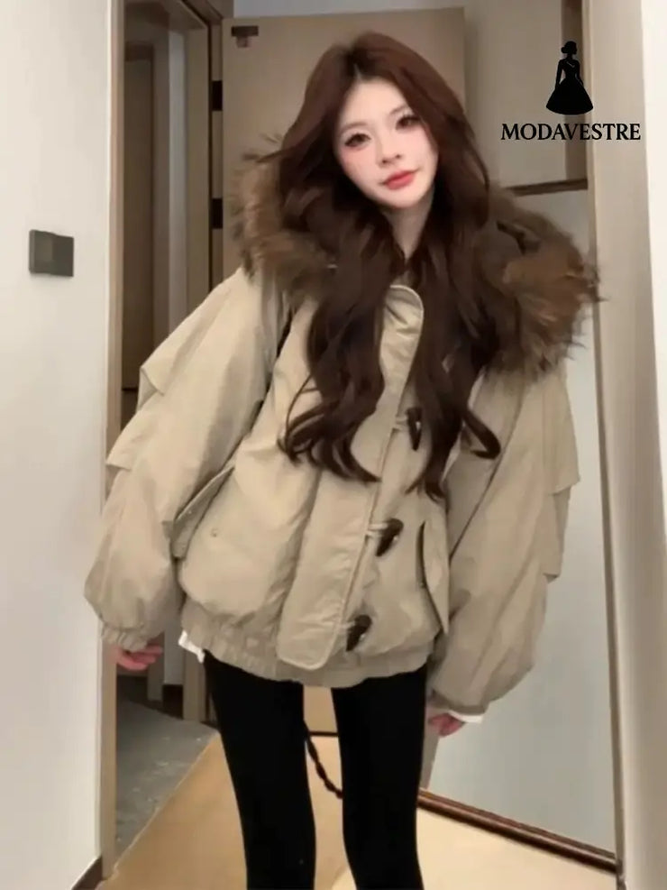 Retro Big Fur Collar Hooded Cotton Jacket Women’s Coat Khaki / L Jacket