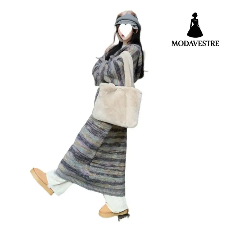 Retro Contrast Color Striped Hooded Sweater For Women Picture Color / Free Size Jumper