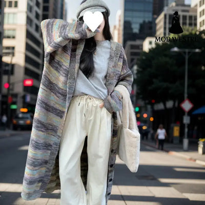 Retro Contrast Color Striped Hooded Sweater For Women Picture Color / Free Size Jumper