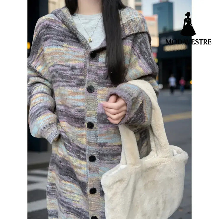 Retro Contrast Color Striped Hooded Sweater For Women Picture Color / Free Size Jumper