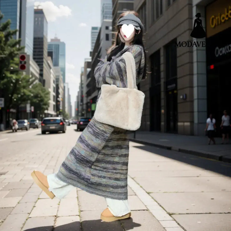 Retro Contrast Color Striped Hooded Sweater For Women Picture Color / Free Size Jumper