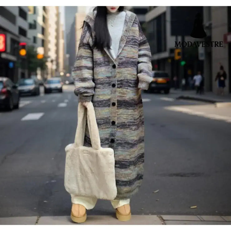 Retro Contrast Color Striped Hooded Sweater For Women Picture Color / Free Size Jumper