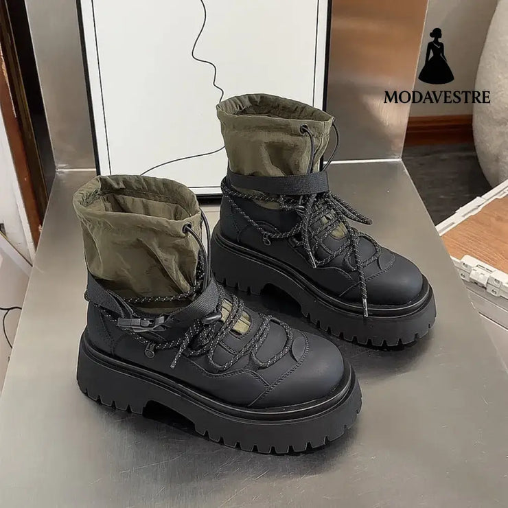 Retro Hiking Handsome Platform Worker Boot Women Green / 35